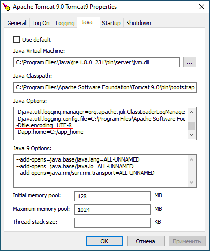 tomcat service settings